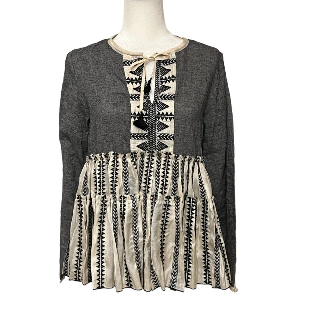 NWT Lemlem Women's Top Grey Ivory Long Sleeve Size Medium Blouse Silk - Picture 1 of 7